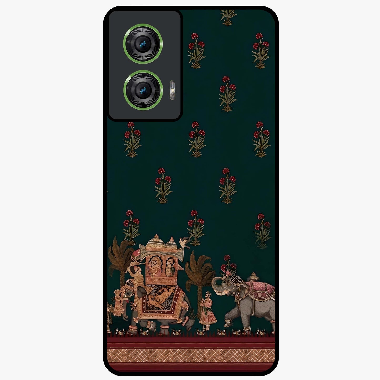 Macmerise Glass Case showing flat back view with stylish modern artwork and glossy glass finish.