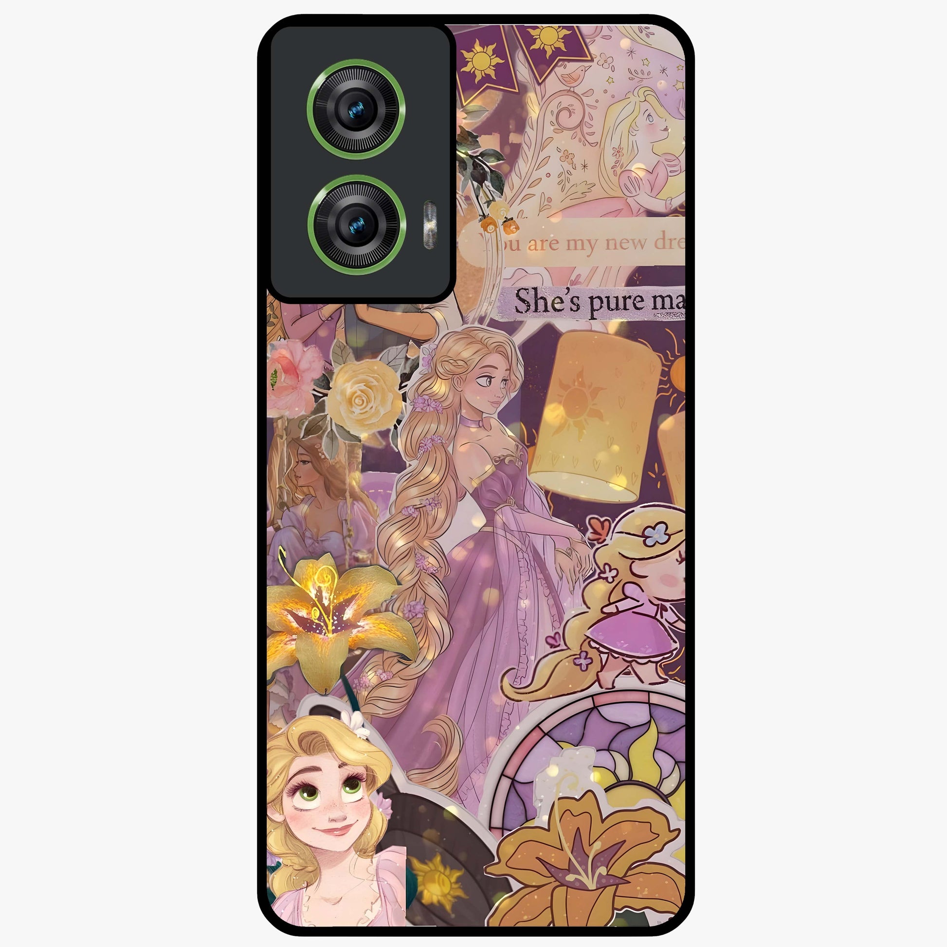Magical Tangled Dream Glass Case showing flat back view with dreamy tangled artwork and glossy glass finish.