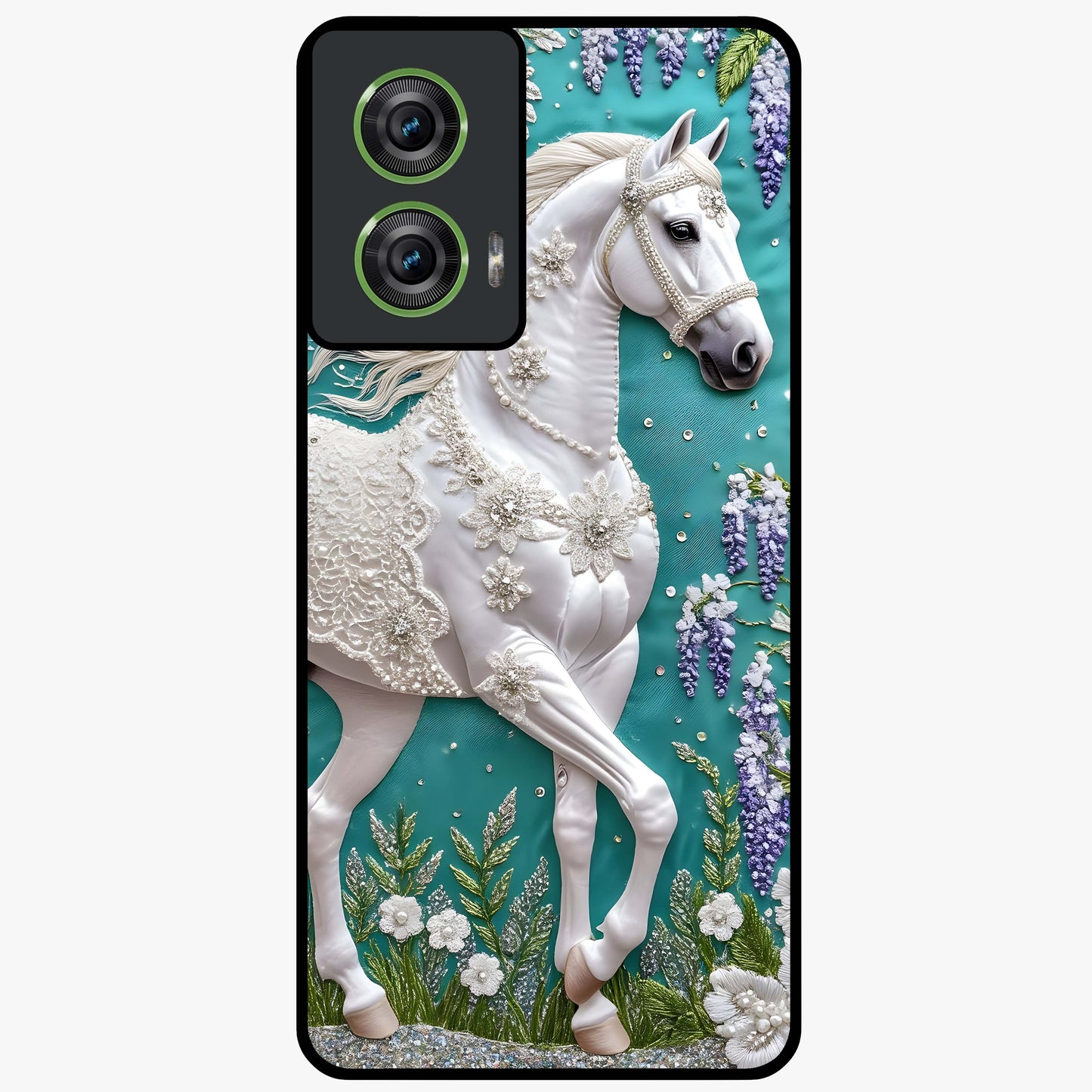 Majestic Floral Stallion Glass Case showing flat back view with powerful horse and floral artwork and glossy glass finish.