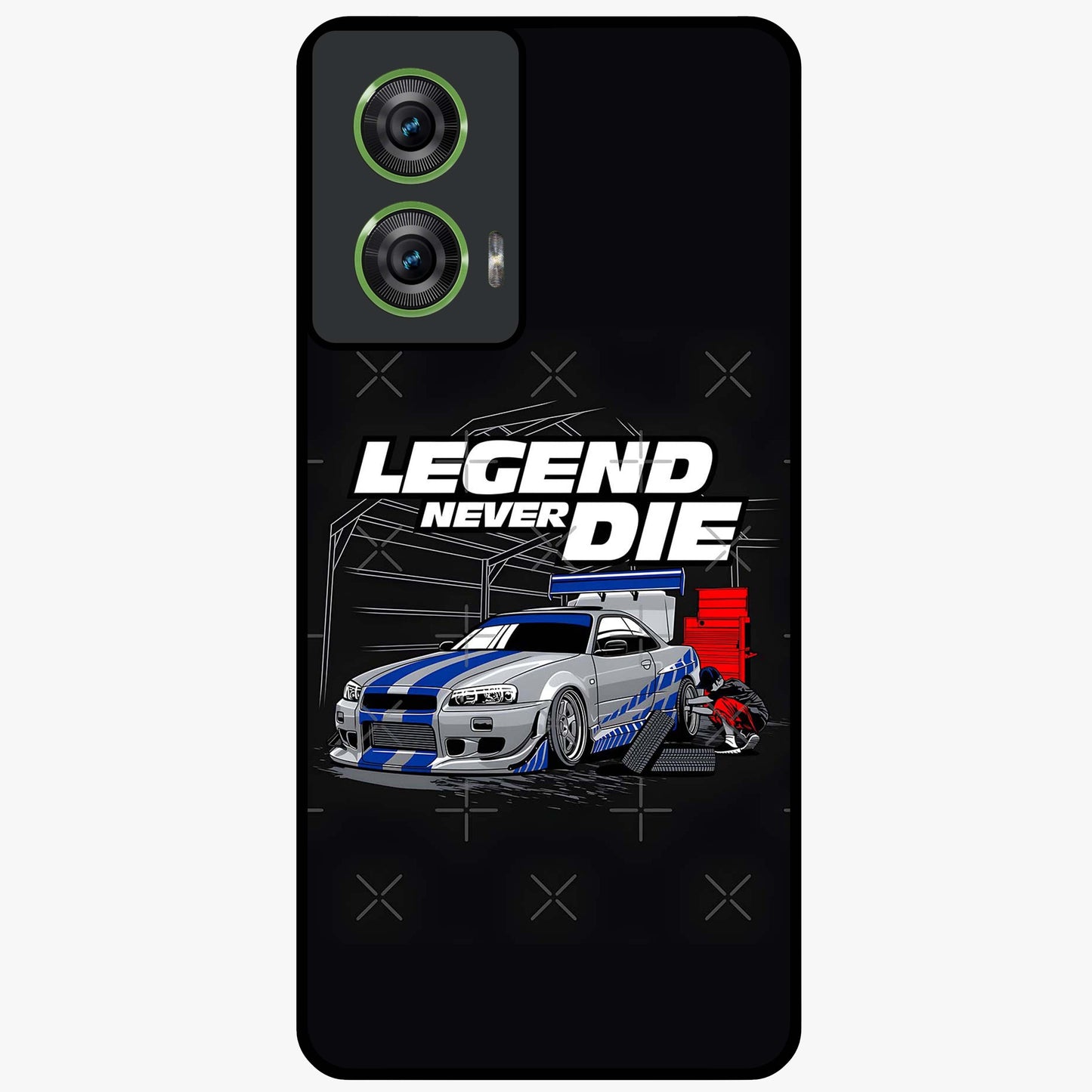 Midnight Racing Legacy Glass Case showing flat back view with sleek racing inspired artwork and glossy glass finish.