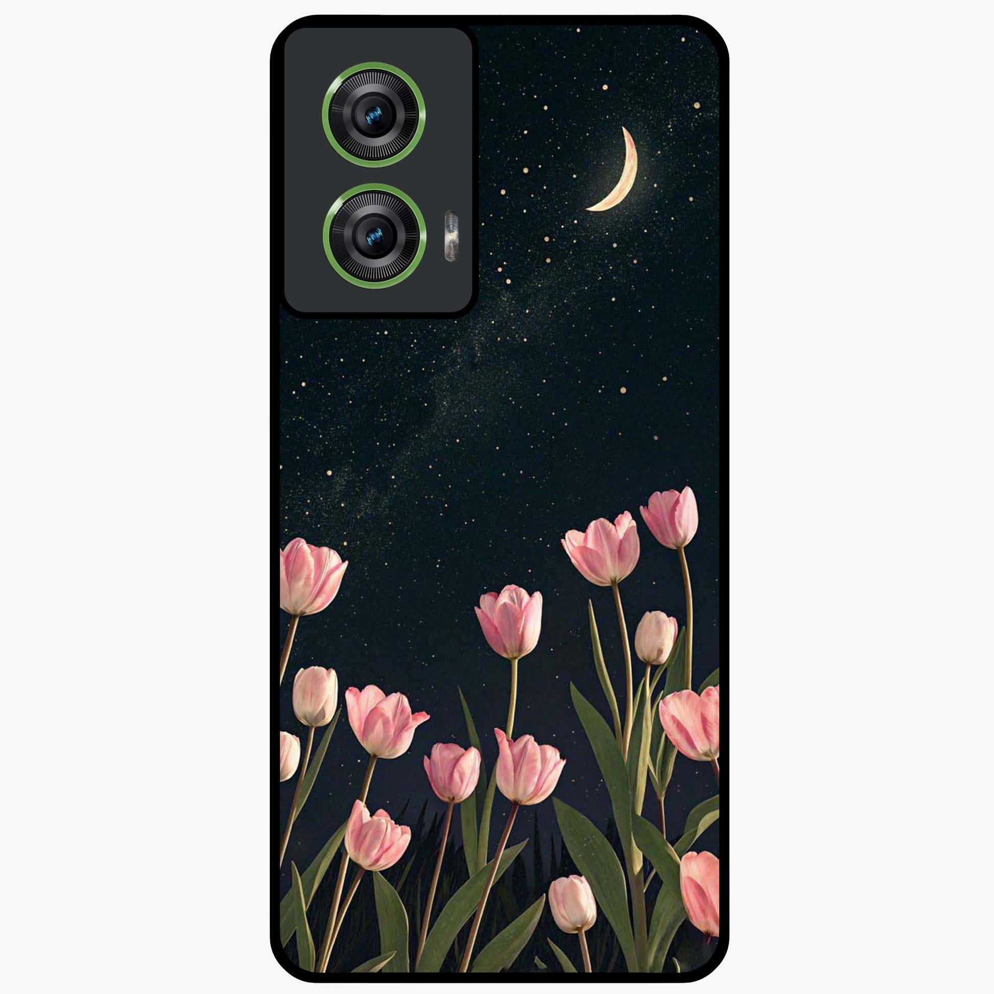 Midnight Tulip Whispers Vibe Glass Case showing flat back view with elegant tulip flower artwork and glossy glass finish.