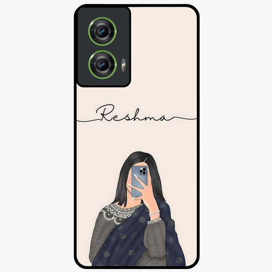Mirror Mood Muse With Custom Name Glass Case showing flat back view with stylish mirrored artwork and personalized name design.