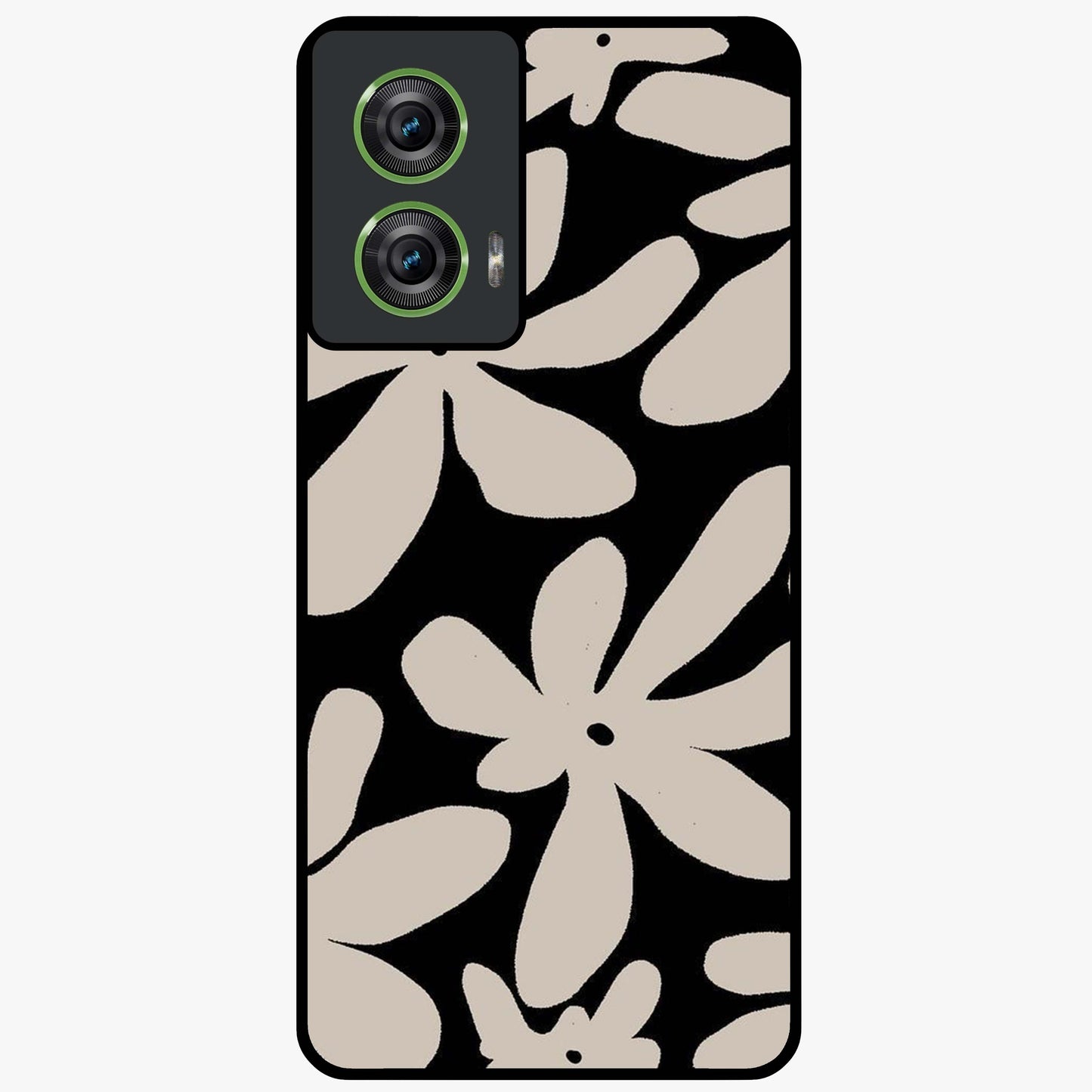 Monochrome Petal Dance Glass Case showing flat back view with monochrome floral artwork and glossy glass finish.
