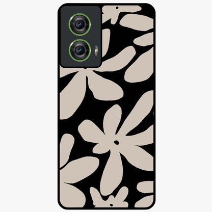 Monochrome Petal Dance Glass Case showing flat back view with monochrome floral artwork and glossy glass finish.