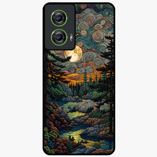Moonlight Forest Dream Glass Case showing flat back view with mystical forest moonlight artwork and glossy glass finish.