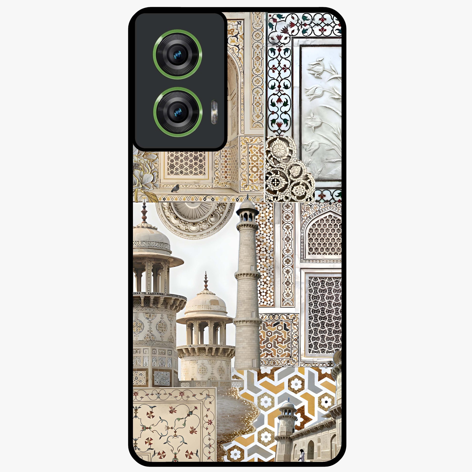 Mughal Marble Legacy Glass Case showing flat back view with intricate Mughal inspired marble pattern and glossy glass finish.