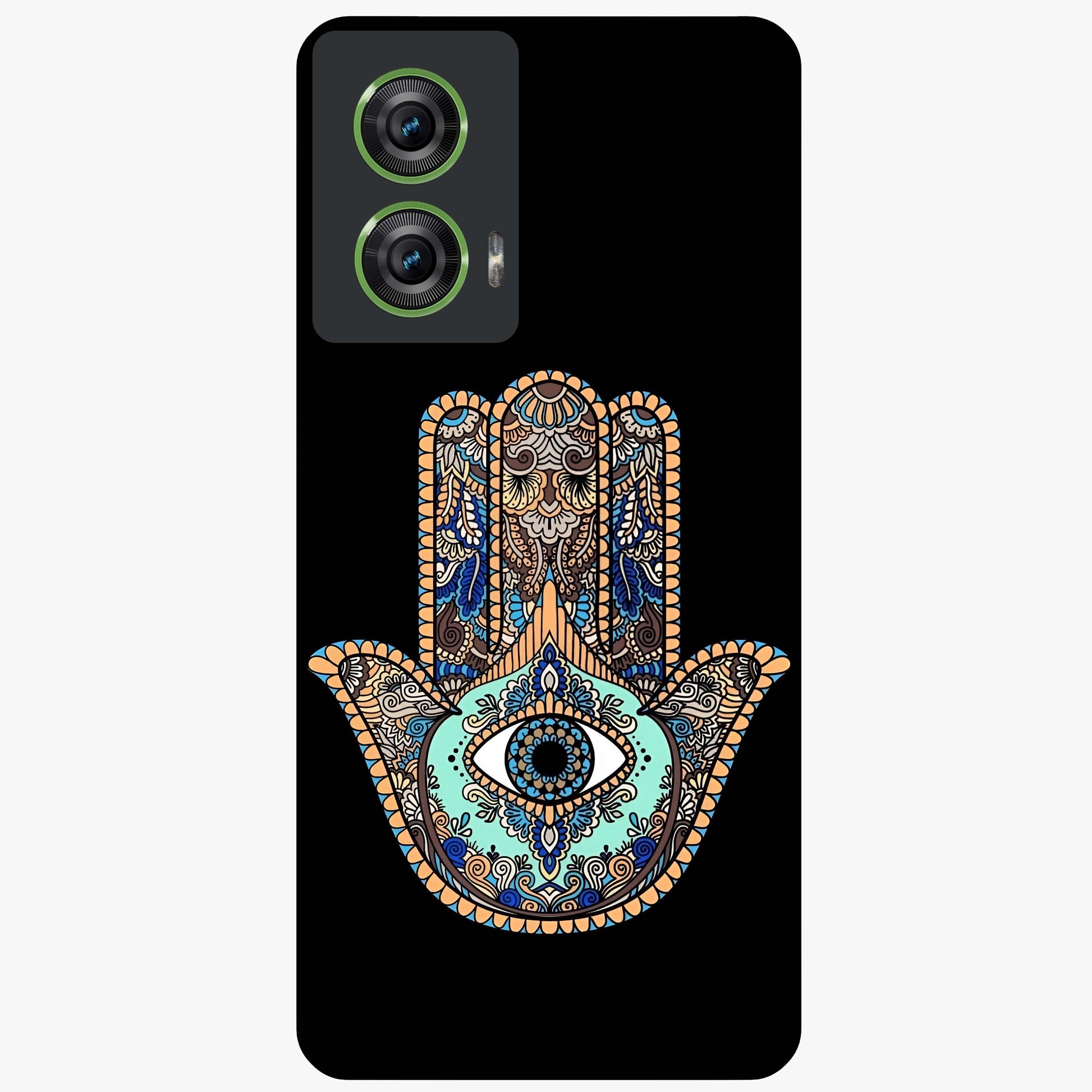 Mystic Hamsa Eye Glass Case showing flat back view with protective hamsa hand and evil eye artwork and glossy glass finish.