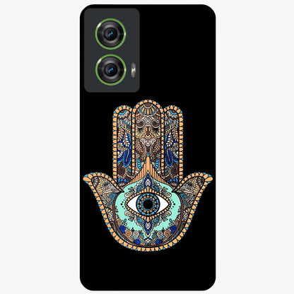 Mystic Hamsa Eye Glass Case showing flat back view with protective hamsa hand and evil eye artwork and glossy glass finish.