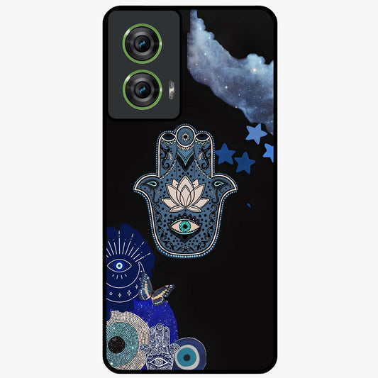 Mystic Hand Aura Glass Case showing flat back view with mystical hand symbol artwork and glossy glass finish.