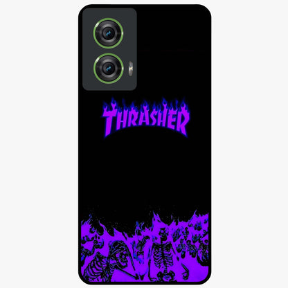 Neon Flame Riot Glass Case showing flat back view with neon flame artwork and glossy glass finish.