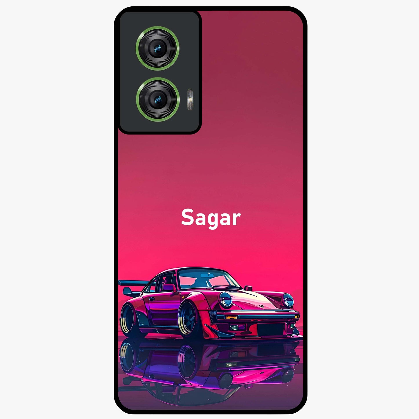 Neon Pink Porsche Glass Case showing flat back view with stylish sports car artwork and glossy glass finish.