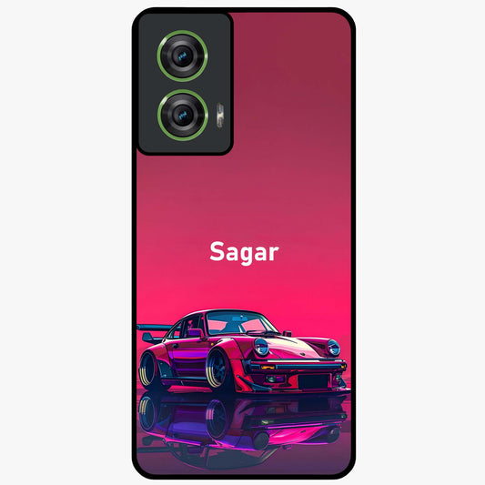 Neon Pink Porsche Glass Case showing flat back view with stylish sports car artwork and glossy glass finish.