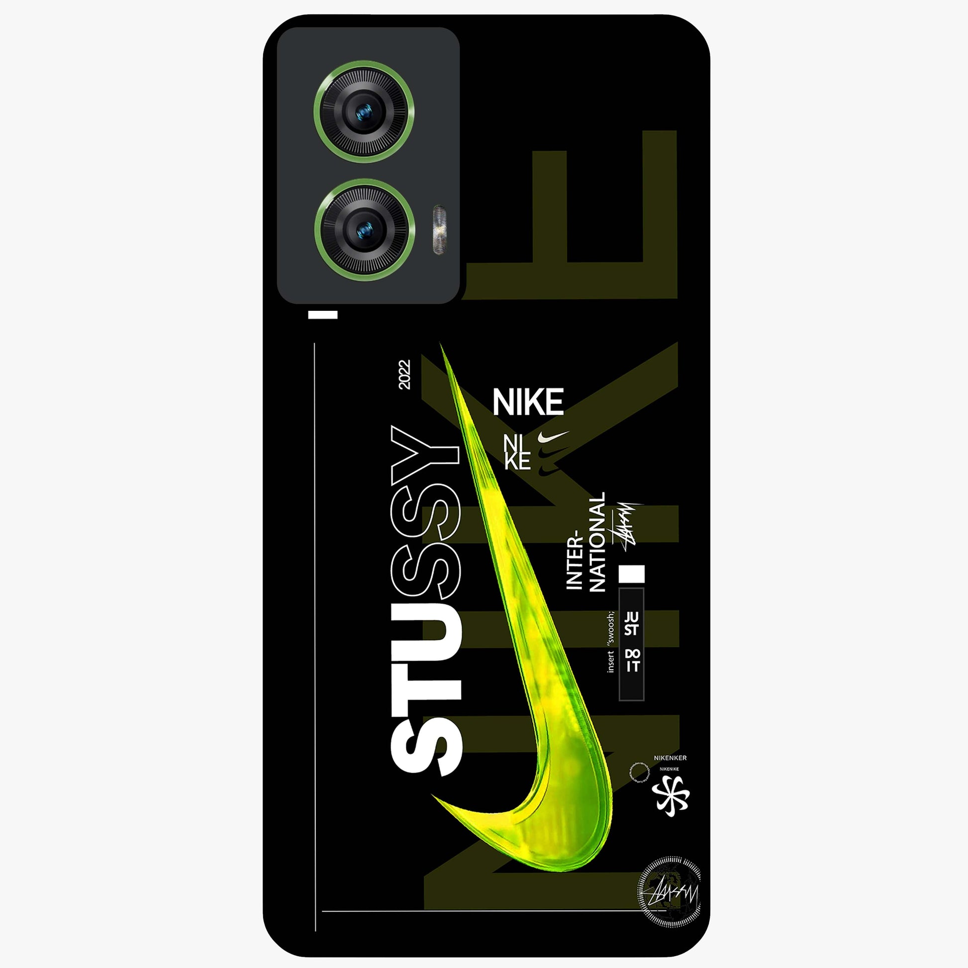 Neon Street Edition Glass Case showing flat back view with neon street style artwork and glossy glass finish.