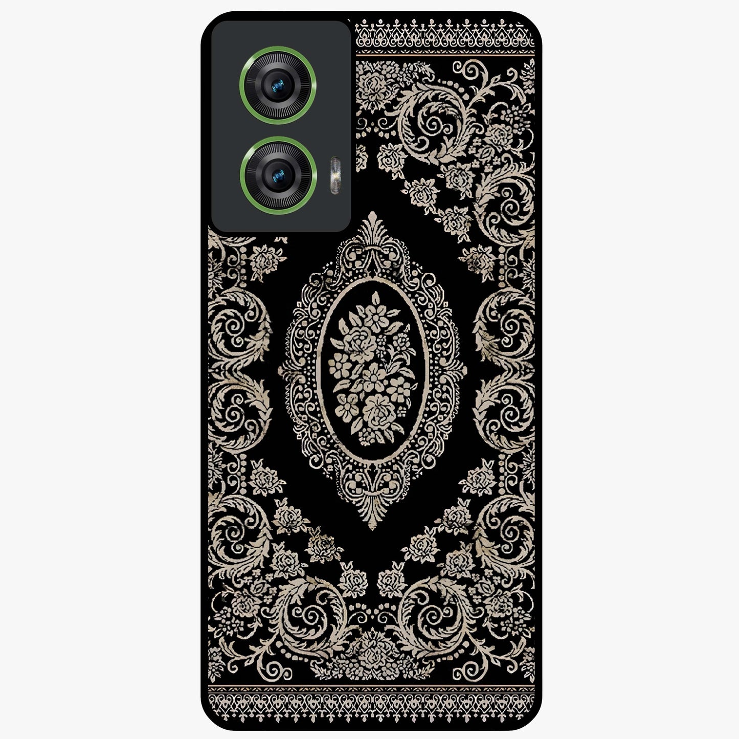 Noir Bloom Elegance Glass Case showing flat back view with elegant dark floral artwork and glossy glass finish.