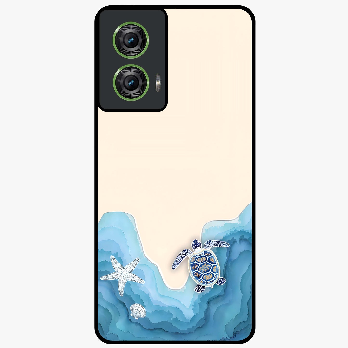 Ocean Drift Turtle Glass Case showing flat back view with sea turtle artwork and glossy glass finish.