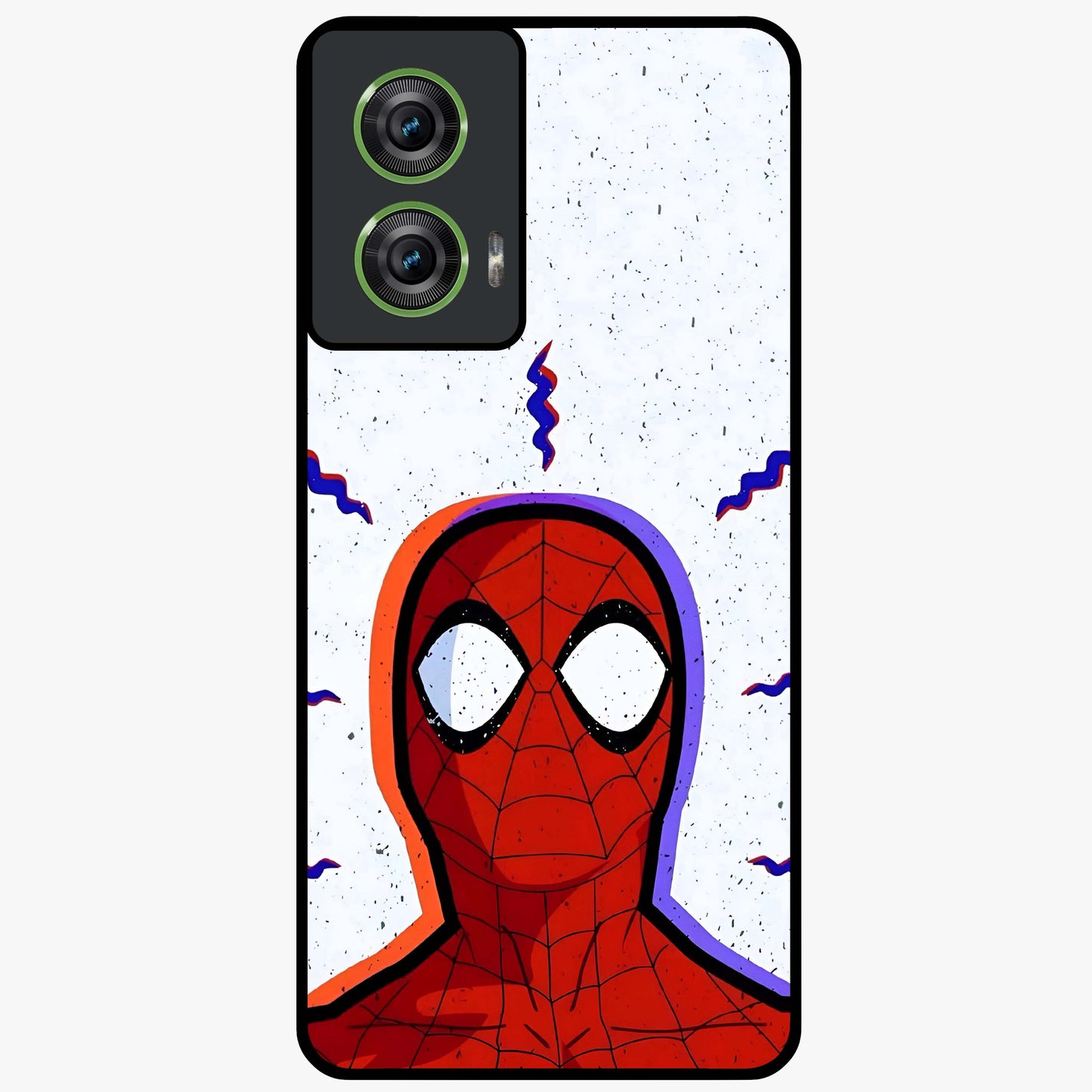 Omg Spiderman Glass Case showing flat back view with bold superhero inspired artwork and glossy glass finish.
