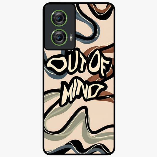 Out Of Mind Glass Case showing flat back view with expressive typography artwork and glossy glass finish.