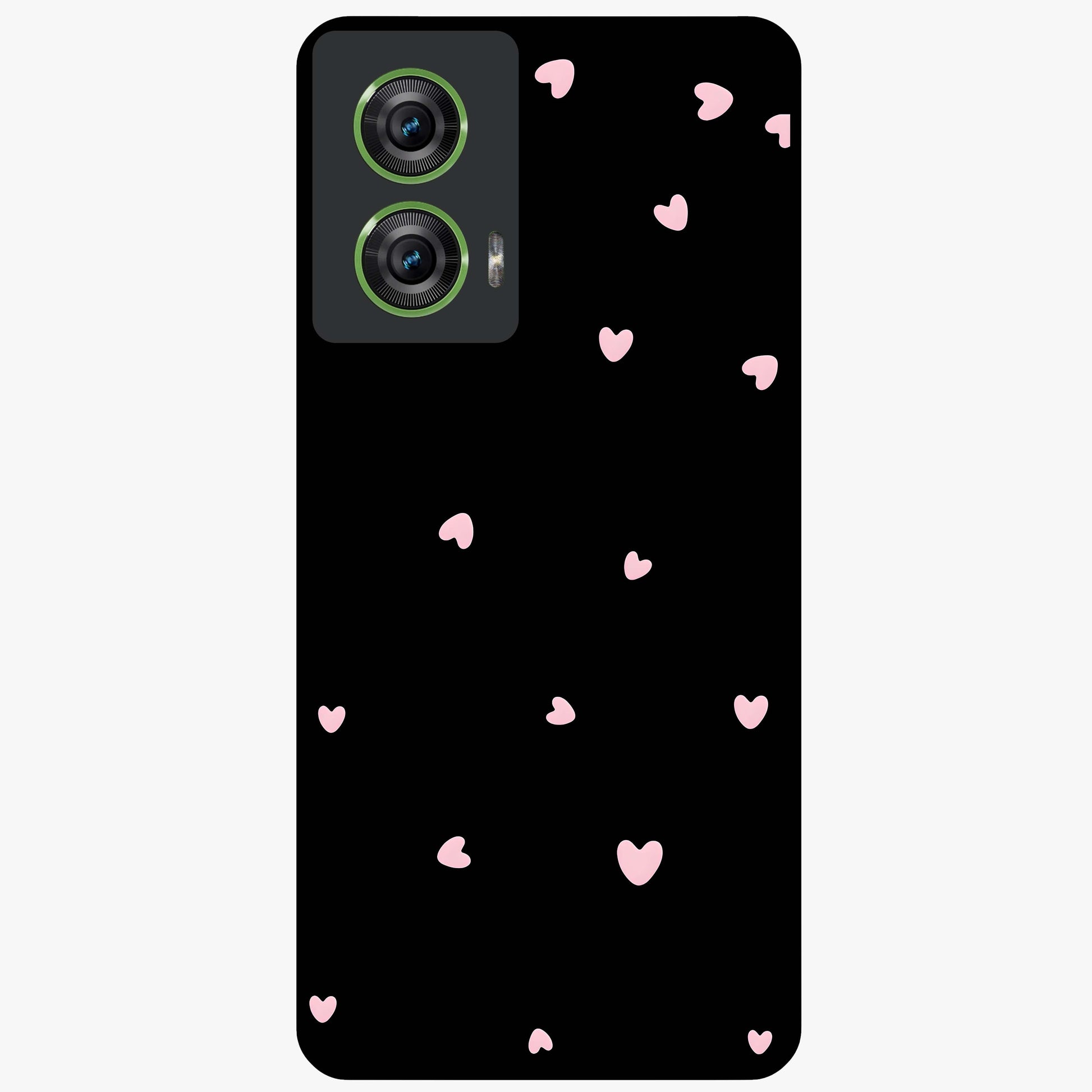 Pink Love Drops Glass Case showing flat back view with playful pink heart drops artwork and glossy glass finish.