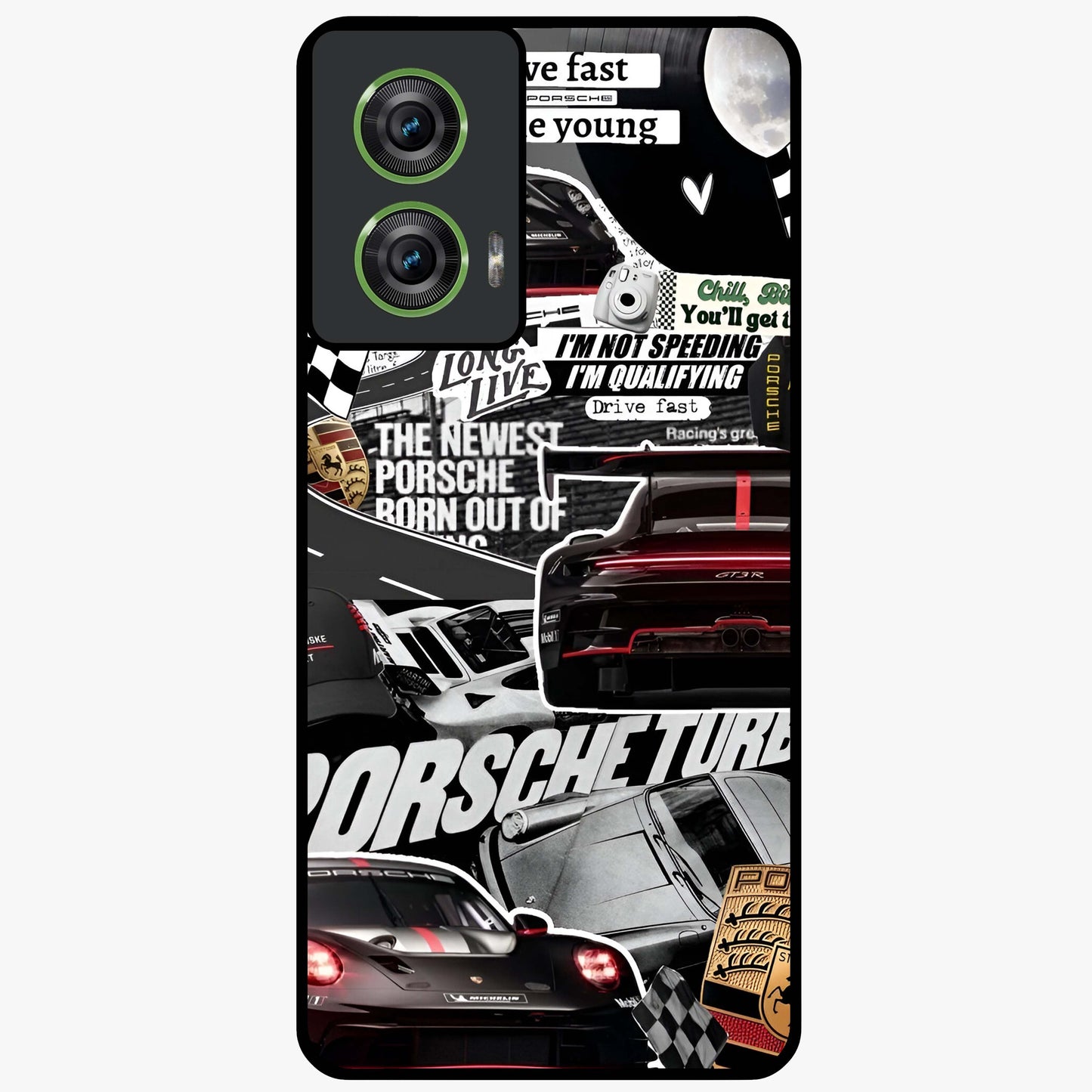 Porsche Racing Collage Glass Case showing flat back view with sports car racing collage artwork and glossy glass finish.