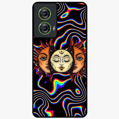 Psychedelic Sun Glass Case showing flat back view with colorful psychedelic sun artwork and glossy glass finish.