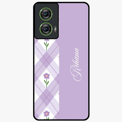 Purple Diamond Floral Glass Case showing flat back view with diamond shaped floral artwork and glossy glass finish.
