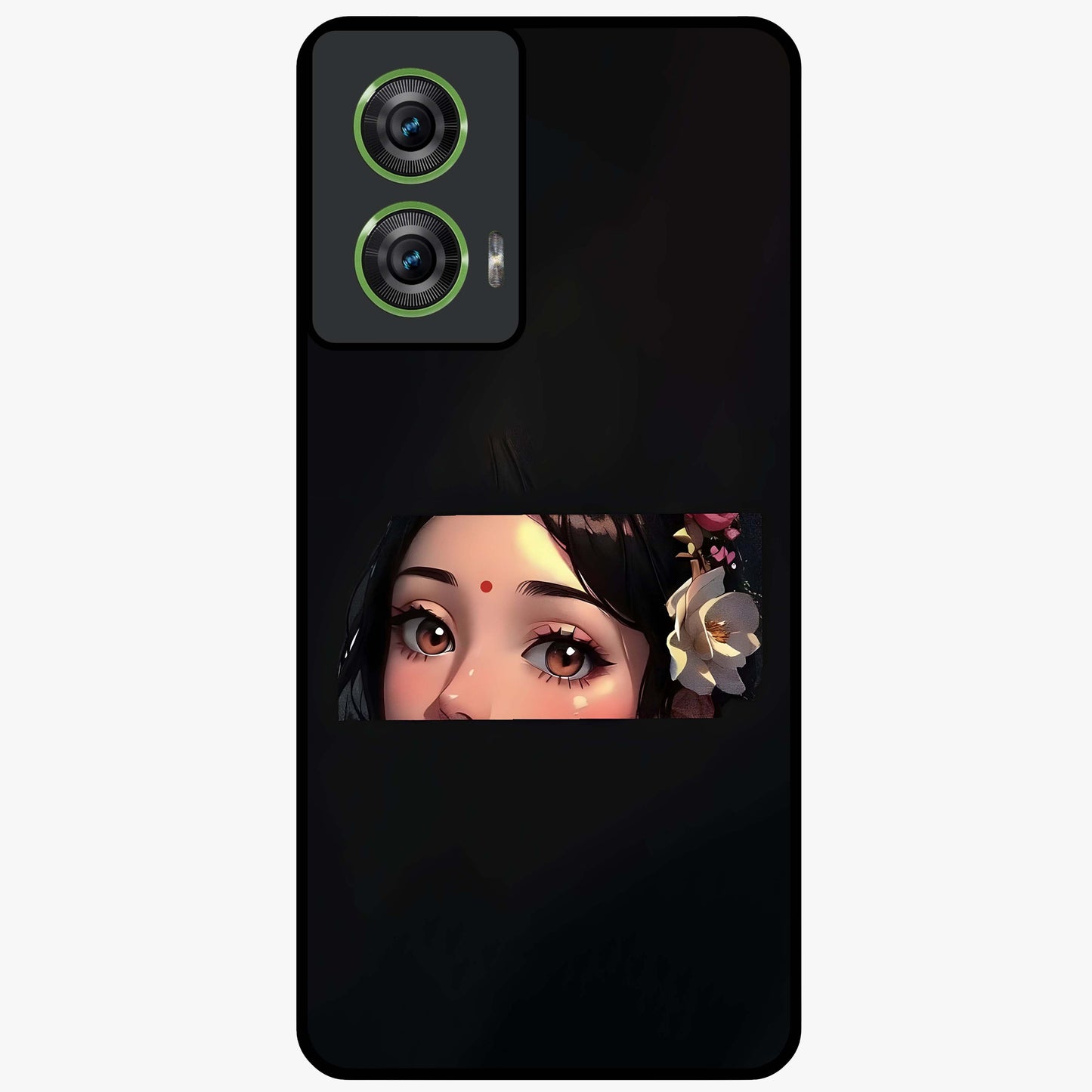 Radha Divine Embrace Glass Case showing flat back view with devotional Radha artwork and glossy glass finish.