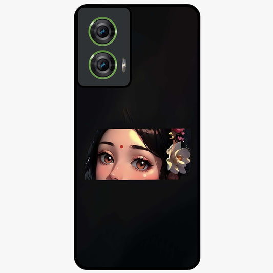 Radha Divine Embrace Glass Case showing flat back view with devotional Radha artwork and glossy glass finish.