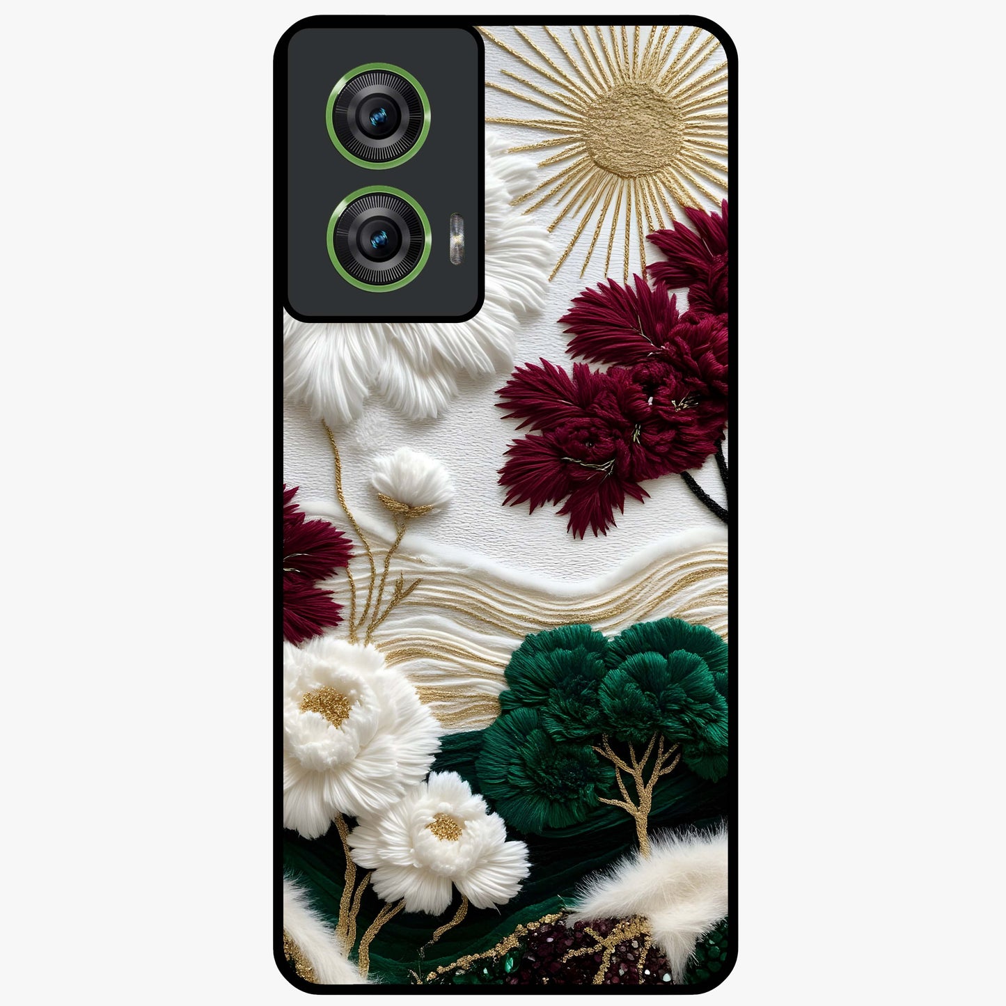 Radiant Bloom Elegance Glass Case showing flat back view with elegant blooming flower artwork and glossy glass finish.