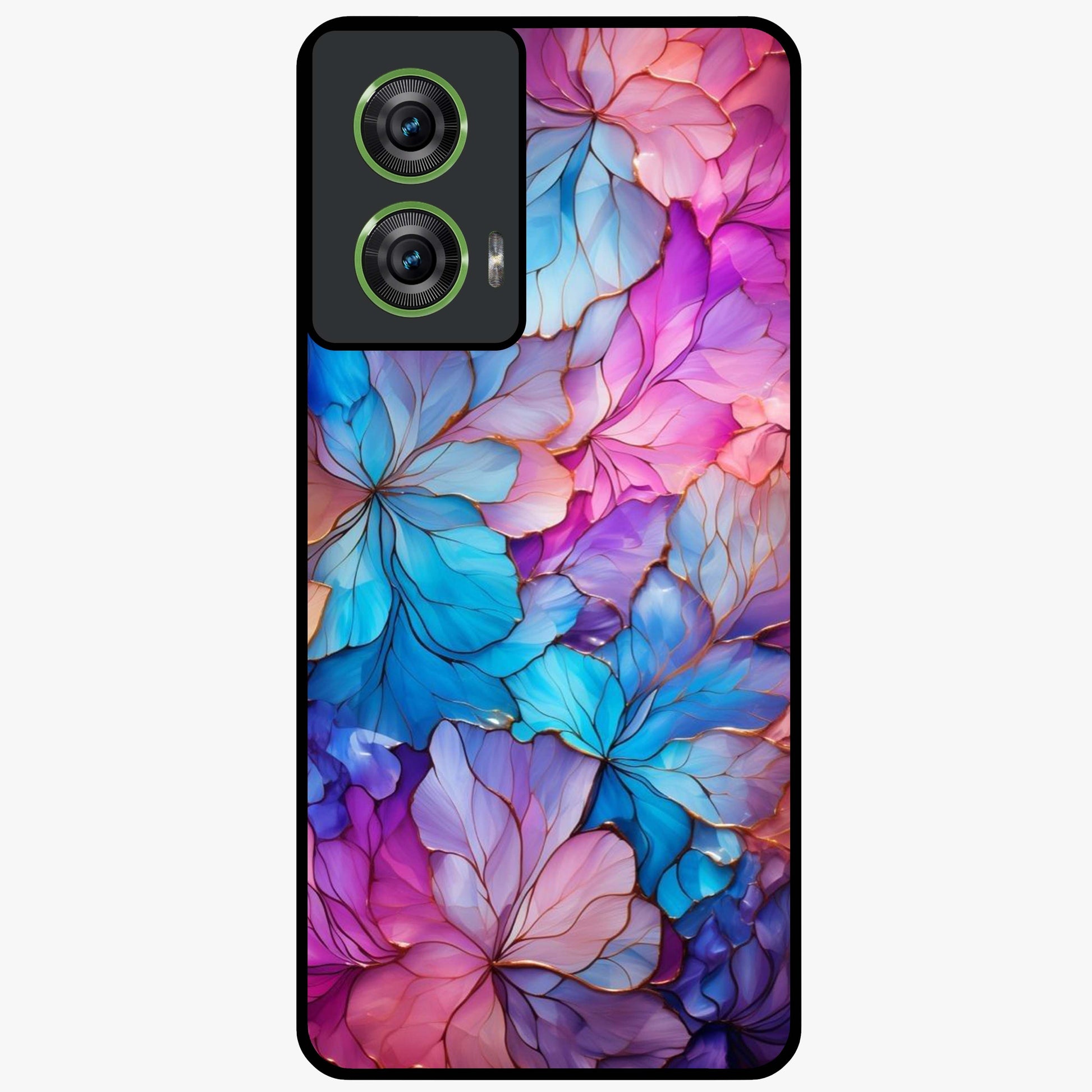 Radiant Floral Whirl Glass Case showing flat back view with swirling floral artwork and glossy glass finish.