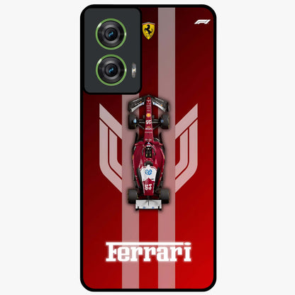 Red Ferrari F1 Vertical Glass Case showing flat back view with sleek Formula racing car artwork and glossy glass finish.