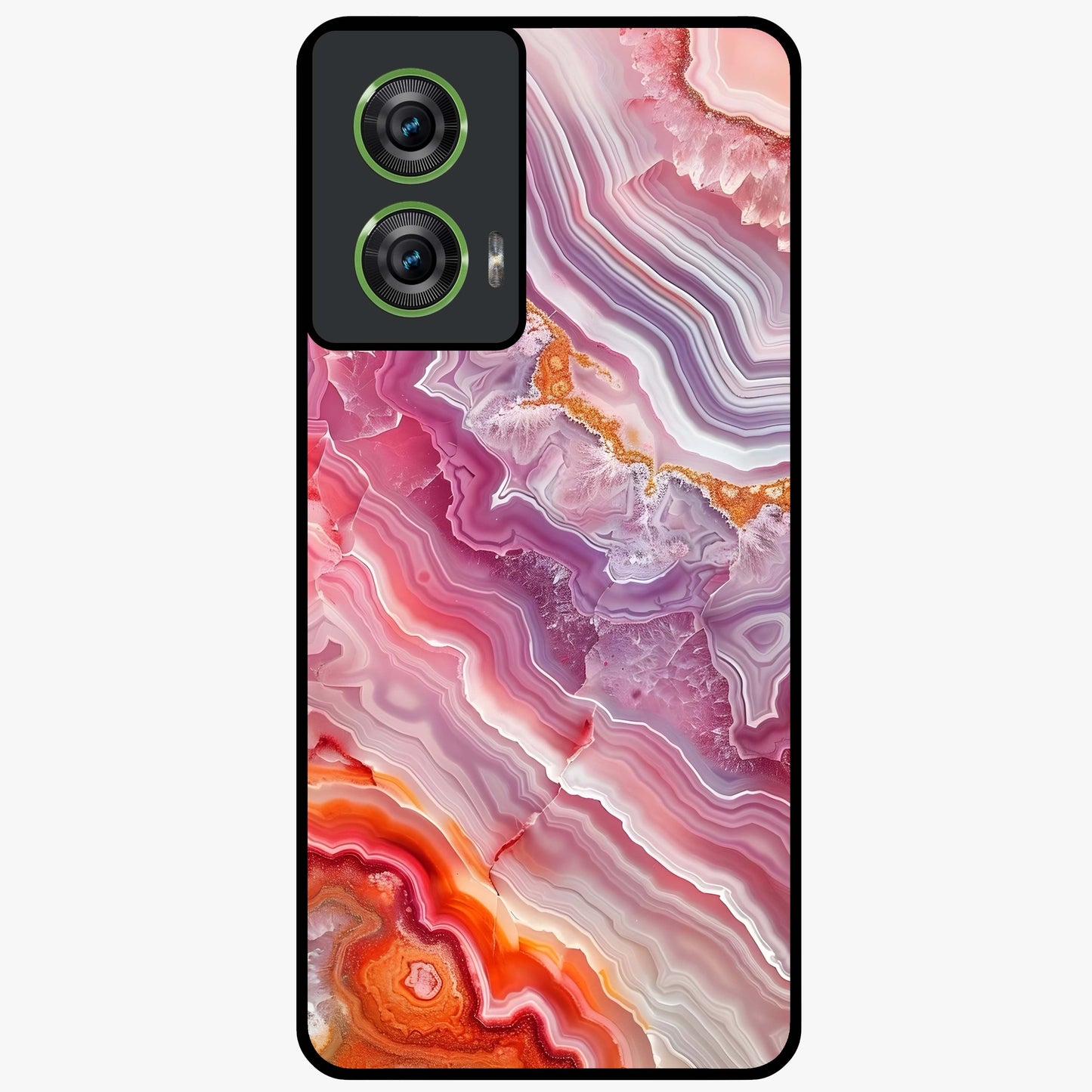 Rose Quartz Marble Glass Case showing flat back view with pink marble quartz texture artwork and glossy glass finish.