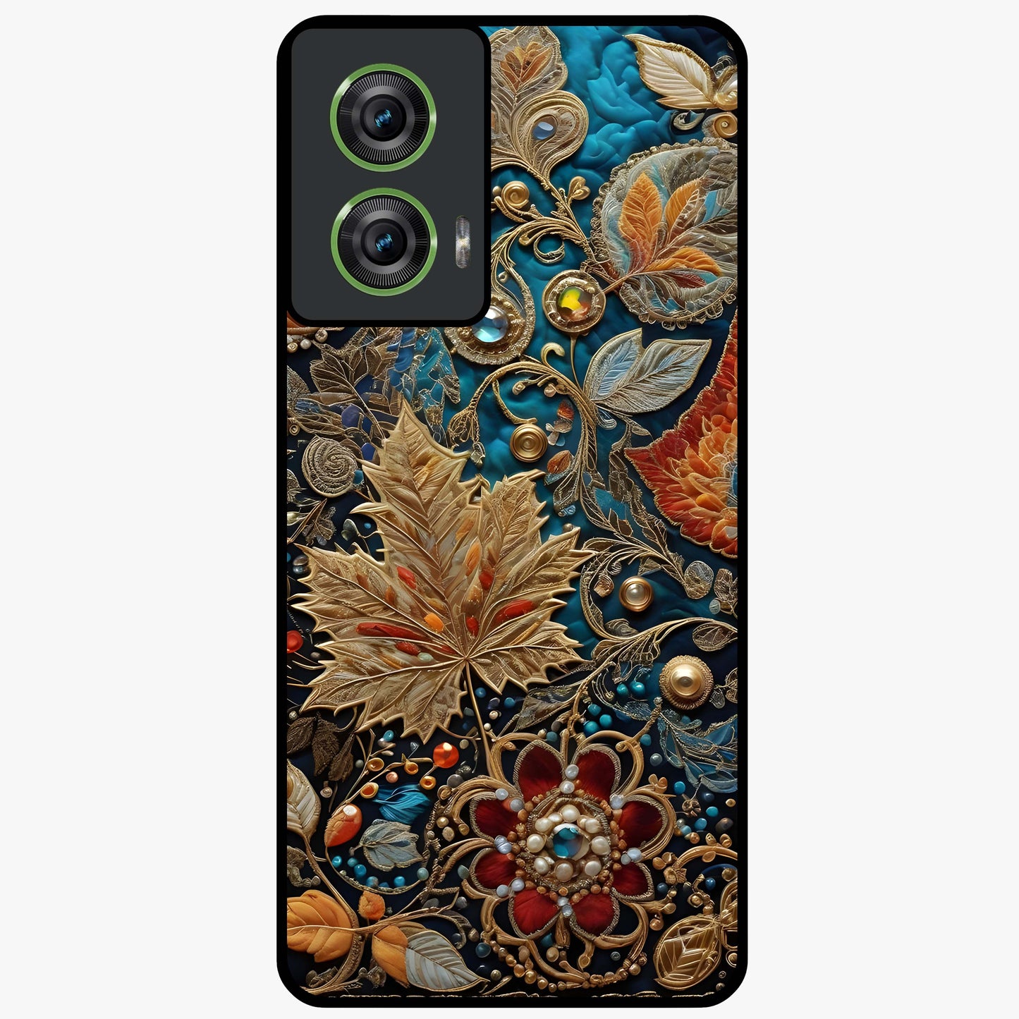 Royal Jewel Garden Glass Case showing flat back view with decorative floral garden artwork and glossy glass finish.