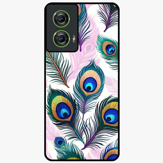 Royal Peacock Feathers Glass Case showing flat back view with colorful peacock feather artwork and glossy glass finish.