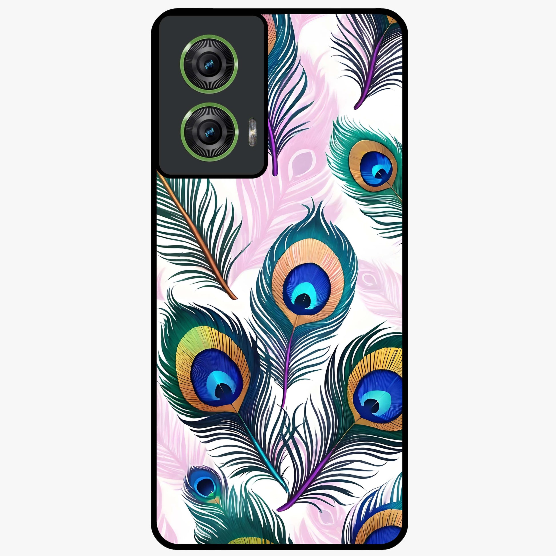 Royal Peacock Feathers Glass Case showing flat back view with colorful peacock feather artwork and glossy glass finish.