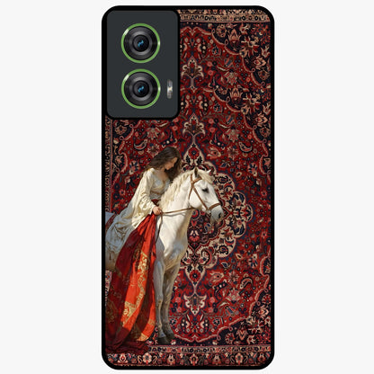 Royal Rider Tapestry Glass Case showing flat back view with majestic horse rider tapestry artwork and glossy glass finish.