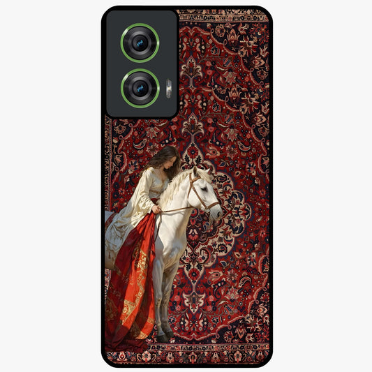 Royal Rider Tapestry Glass Case showing flat back view with majestic horse rider tapestry artwork and glossy glass finish.