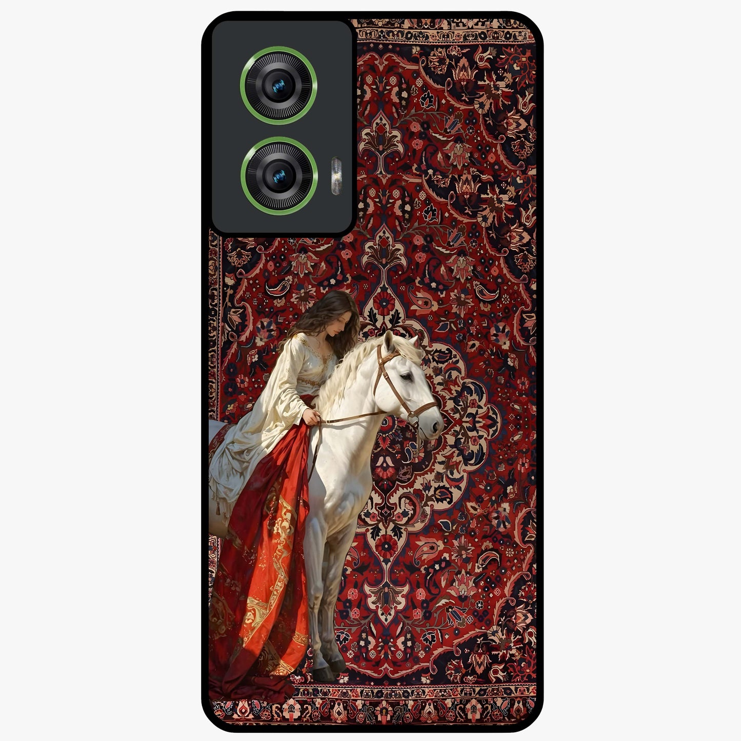 Royal Rider Tapestry Glass Case showing flat back view with majestic horse rider tapestry artwork and glossy glass finish.