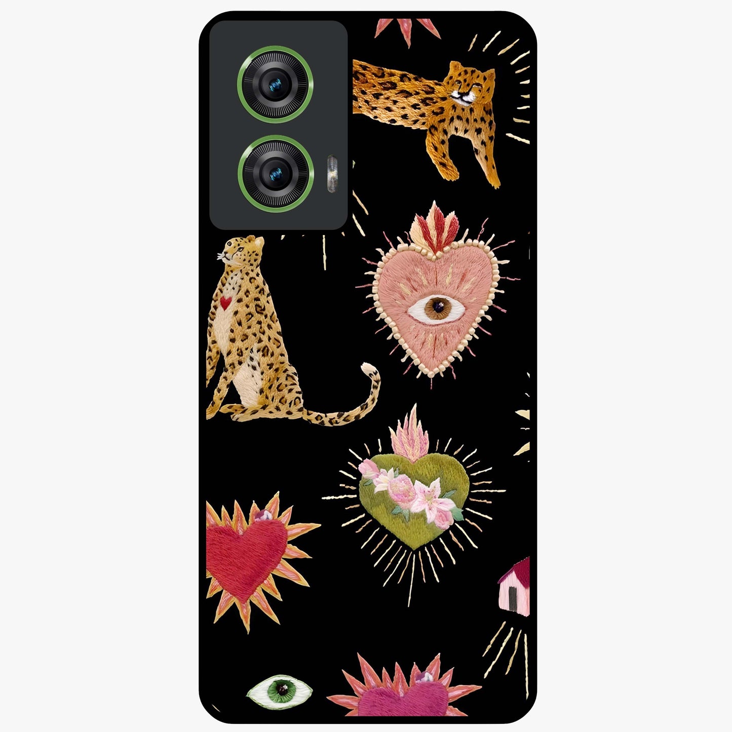 Sacred Jungle Heart Glass Case showing flat back view with jungle inspired heart artwork and glossy glass finish.