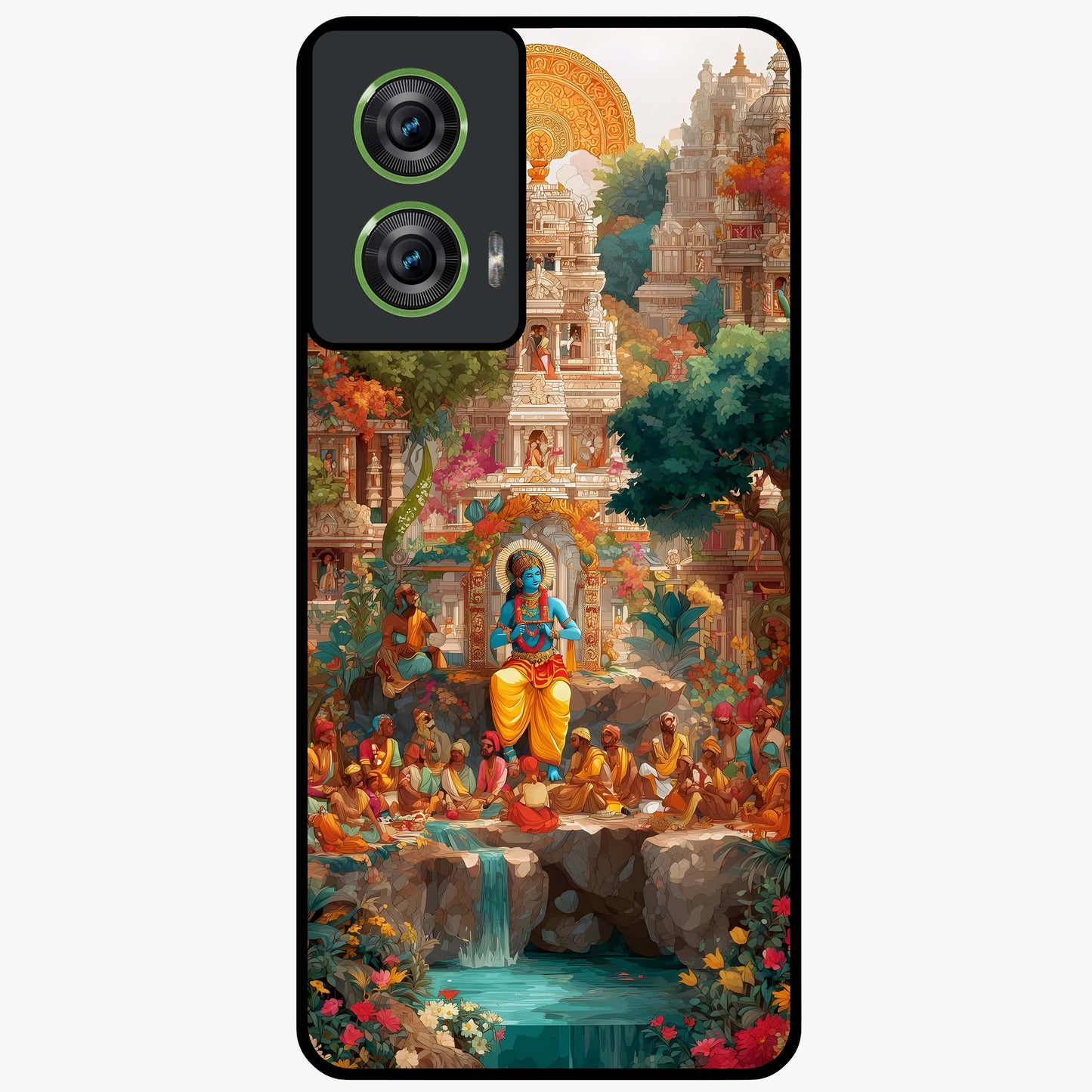 Sacred Sunlight Gods Glass Case showing flat back view with divine sunlight themed artwork and glossy glass finish.