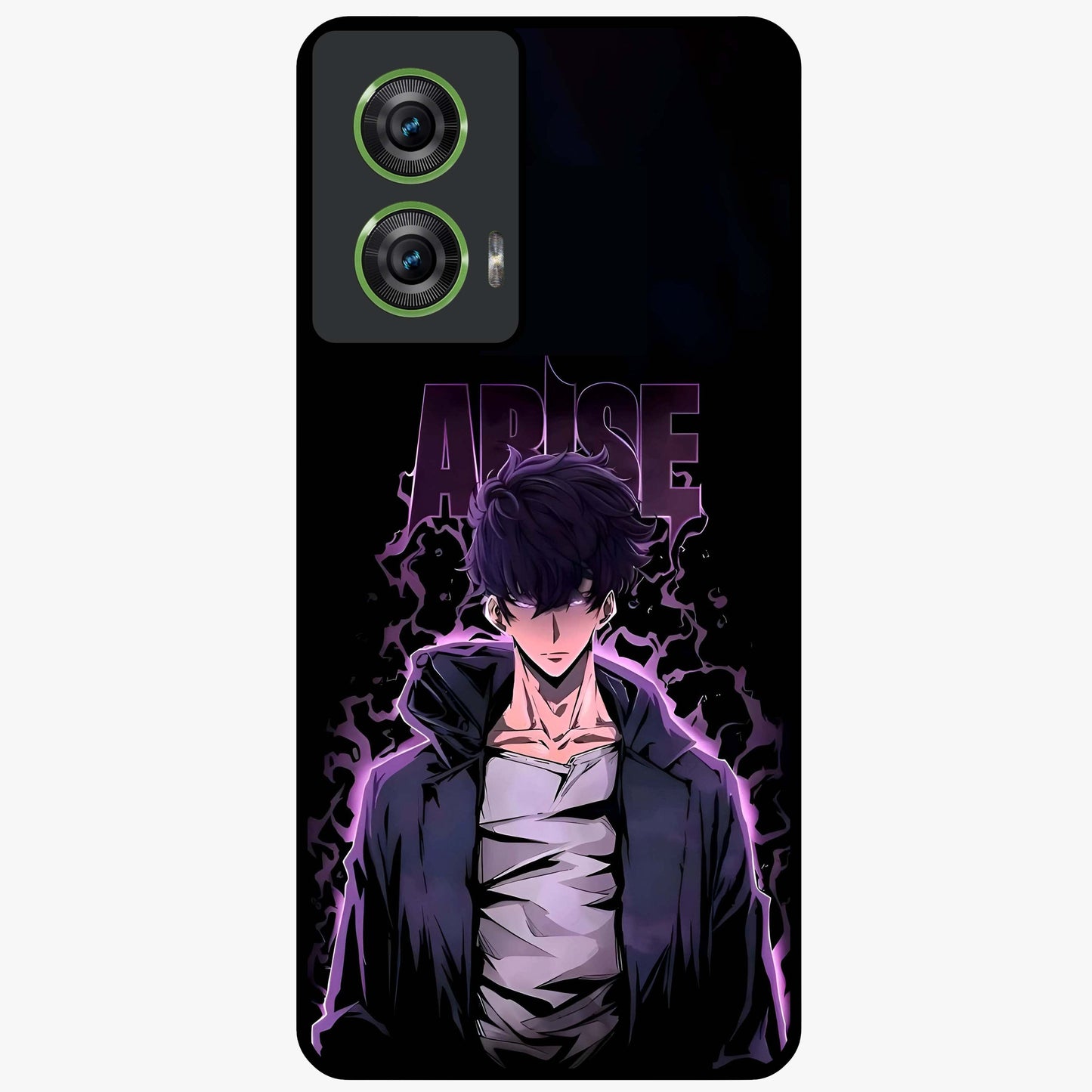 Shadow Monarch Awakening Glass Case showing flat back view with powerful dark monarch themed artwork and glossy glass finish.