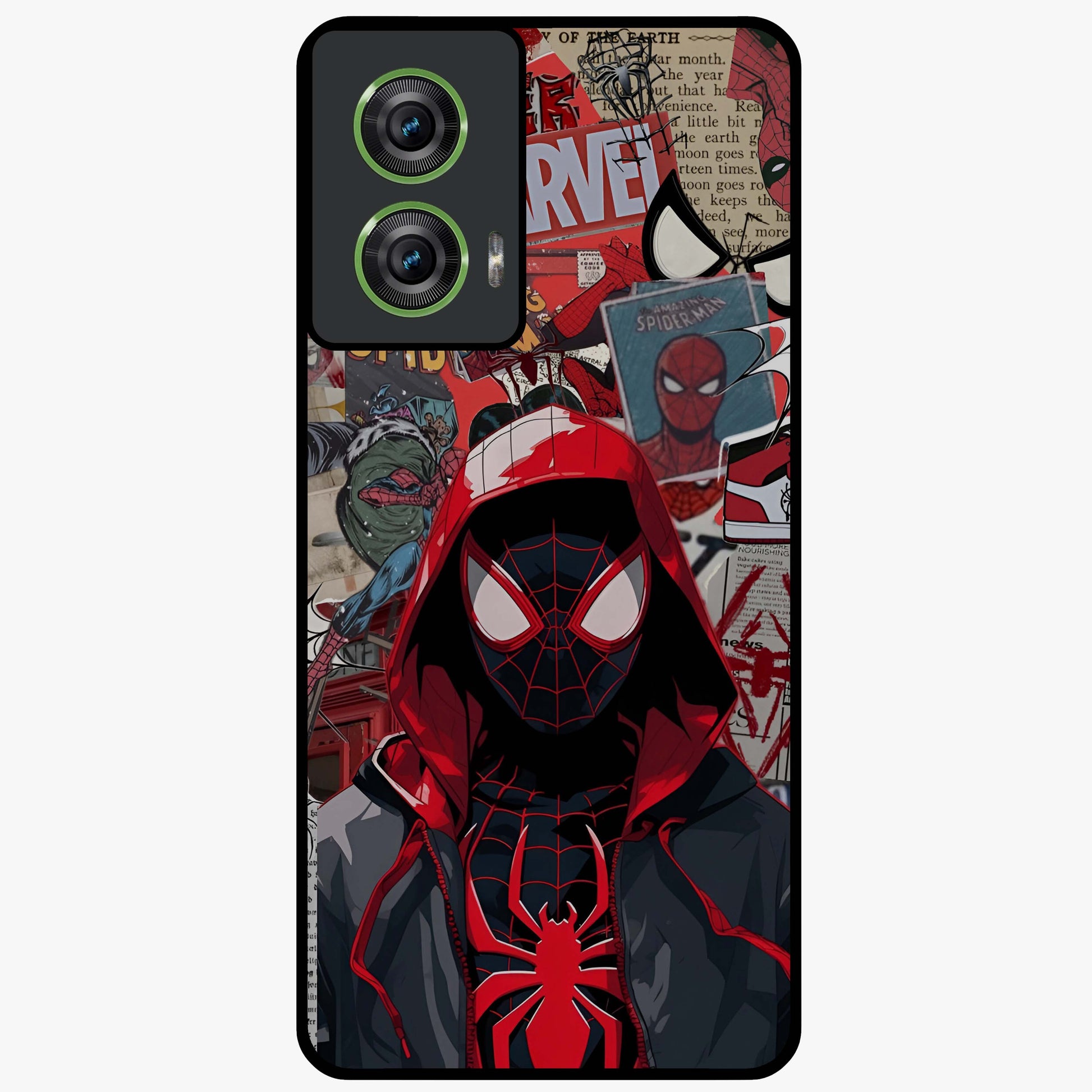 Spider Collage Street Glass Case showing flat back view with vibrant superhero collage artwork and glossy glass finish.