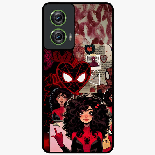 Spider Love Story Glass Case showing flat back view with romantic superhero themed artwork and glossy glass finish.