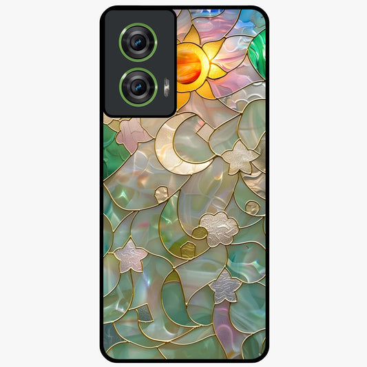Stained Sunrise Glow Glass Case showing flat back view with glowing sunrise stained pattern artwork and glossy glass finish.