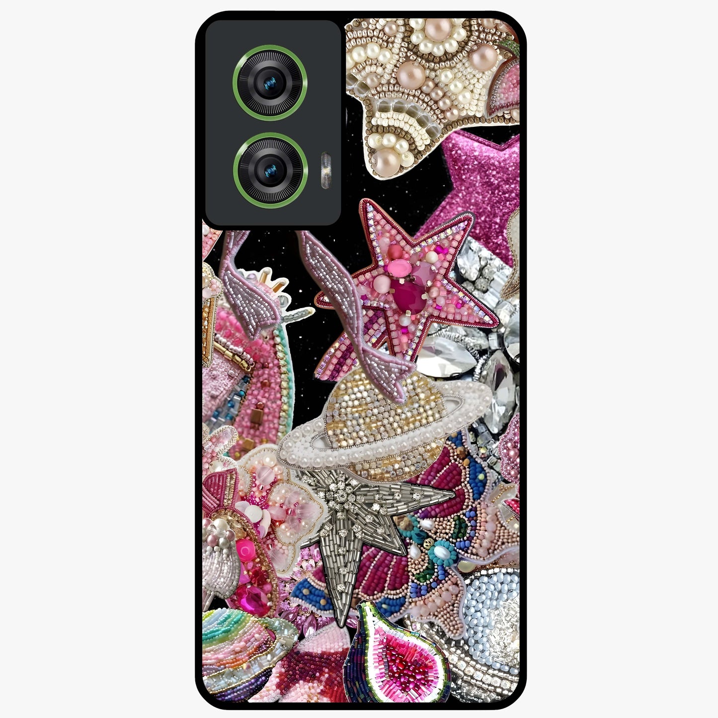 Starlit Jewel Dream Glass Case showing flat back view with sparkling jewel and star themed artwork and glossy glass finish.