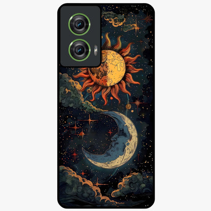 Sun And Moon Magic Design Glass Case showing flat back view with mystical sun and moon artwork and glossy glass finish.