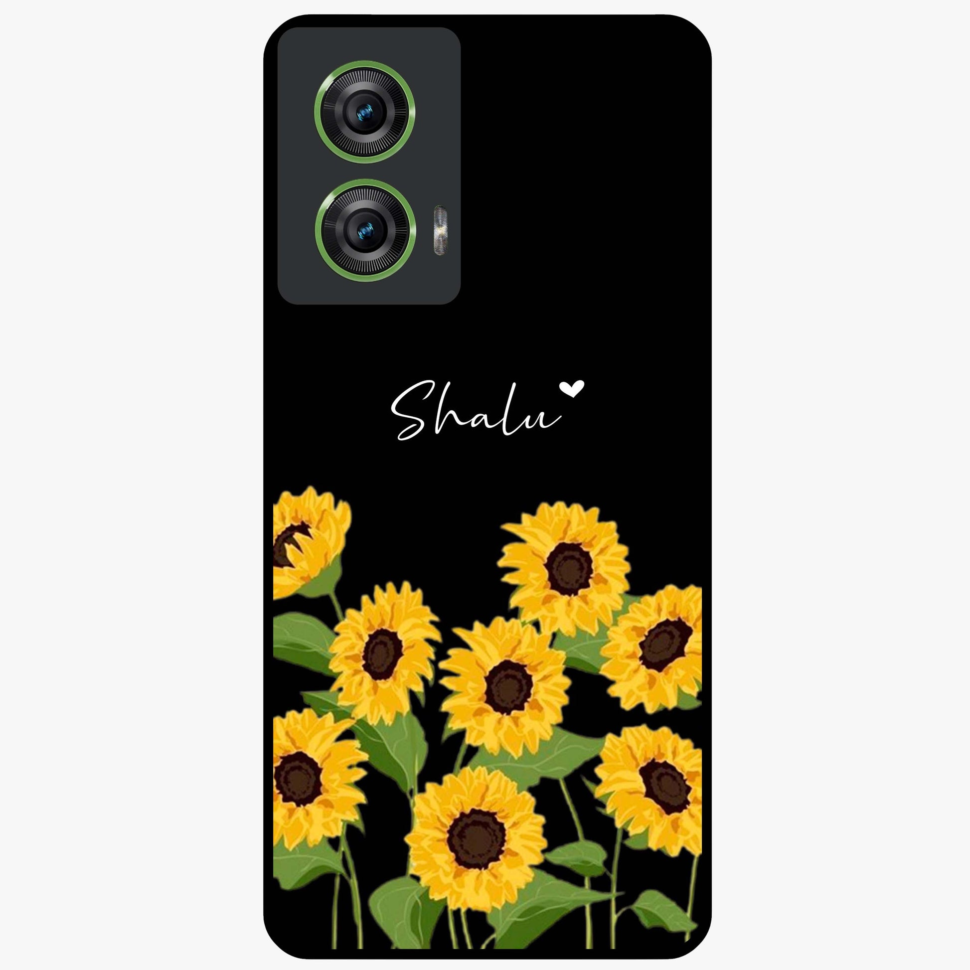Sunflower Chic Mood Custom Name Glass Case showing flat back view with stylish sunflower artwork and personalized name design.