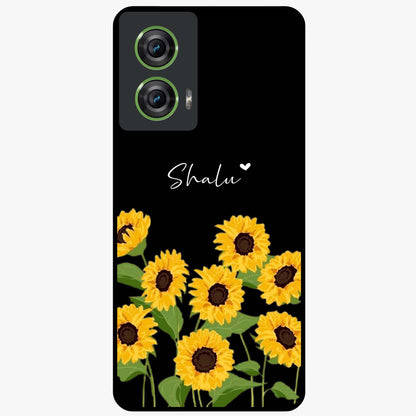 Sunflower Chic Mood Custom Name Glass Case showing flat back view with stylish sunflower artwork and personalized name design.
