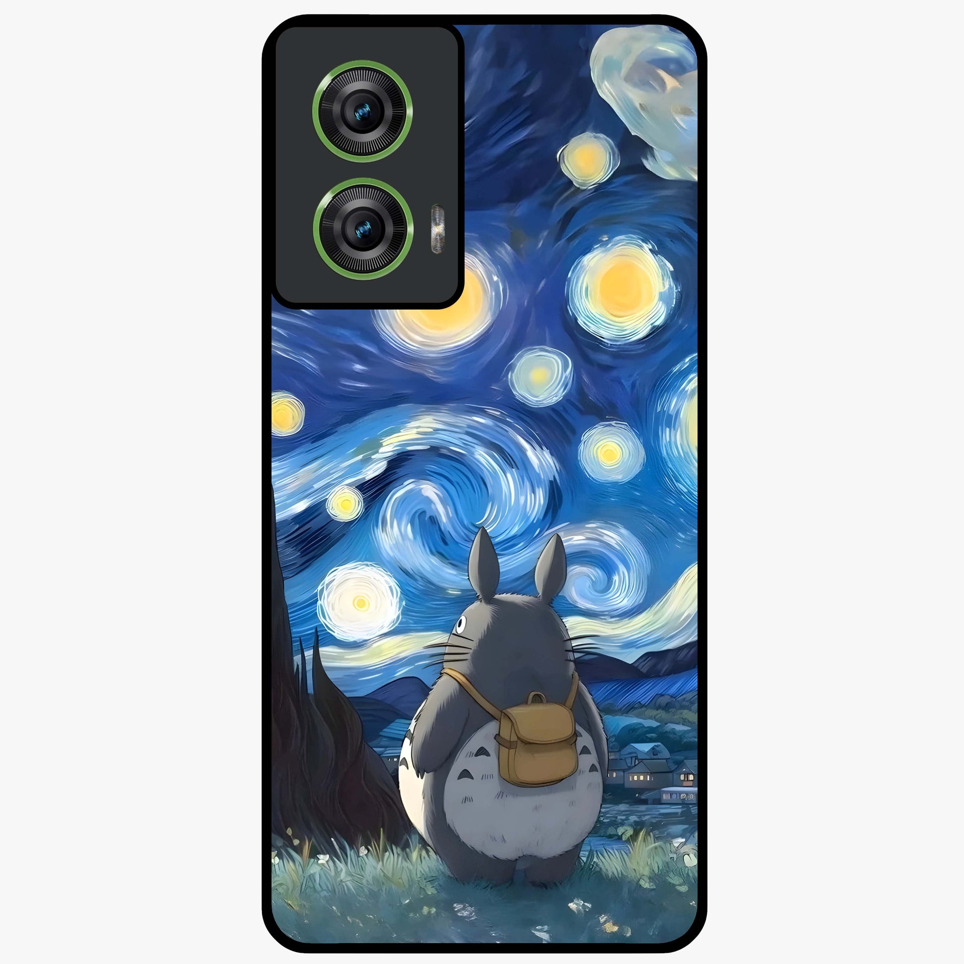 Totoro In Van Gogh Art Glass Case showing flat back view with whimsical character artwork inspired by Van Gogh style and glossy glass finish.
