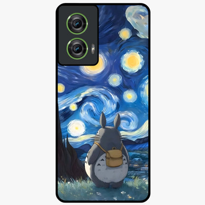 Totoro In Van Gogh Art Glass Case showing flat back view with whimsical character artwork inspired by Van Gogh style and glossy glass finish.