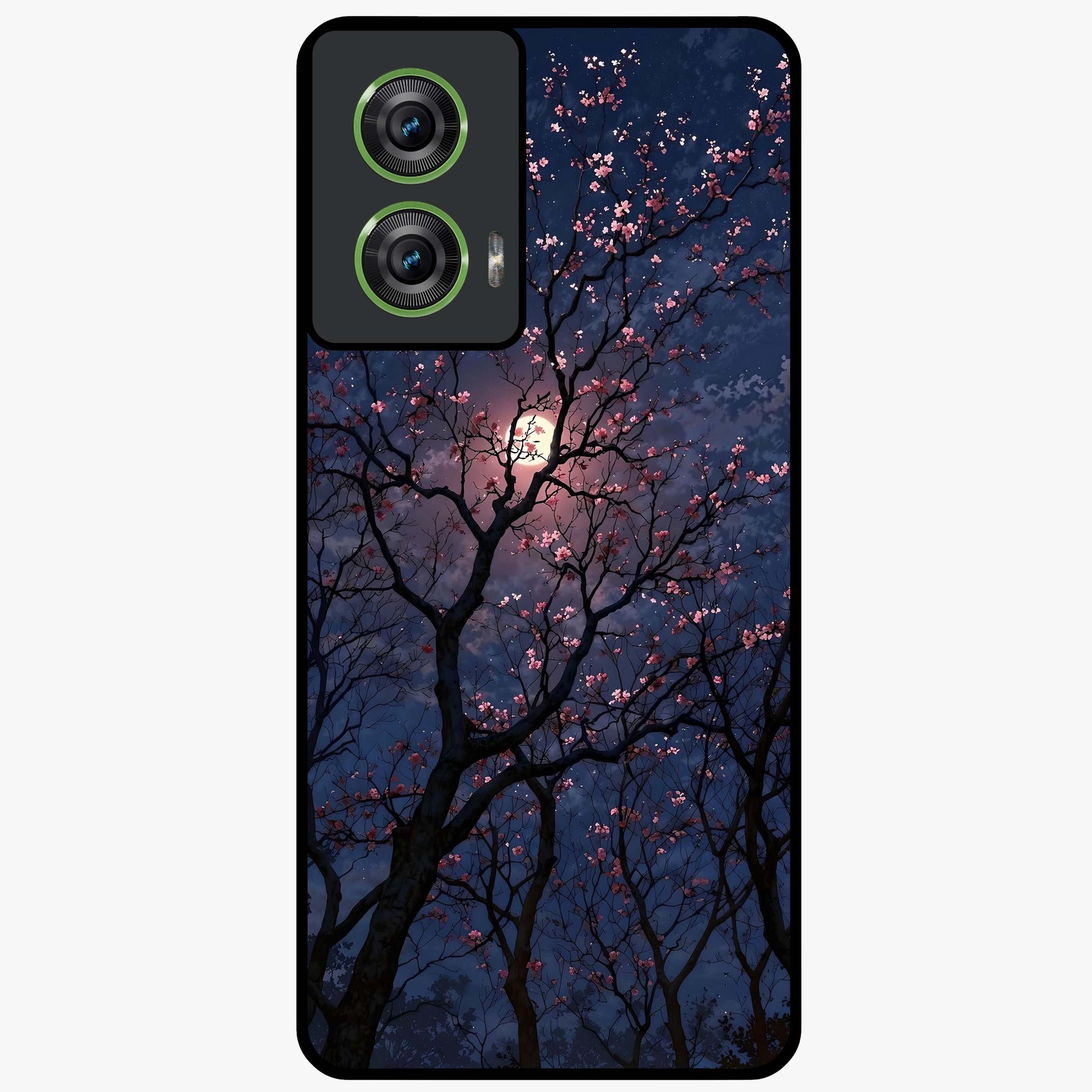 Twilight Sakura Serenade Glass Case showing flat back view with cherry blossom artwork at twilight and glossy glass finish.